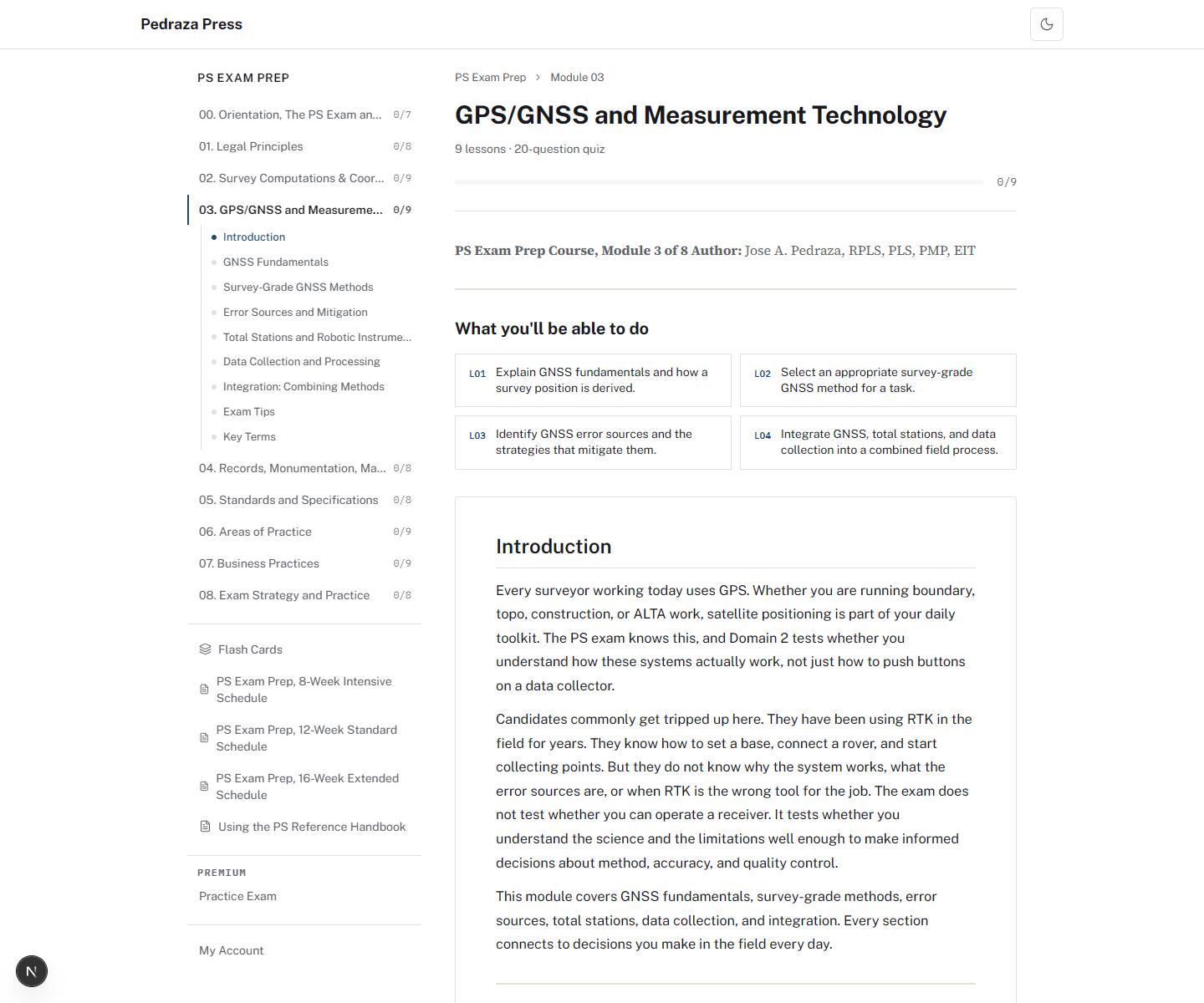 A real module page from PS Exam Prep, showing the GPS/GNSS module reading view with its objectives and lesson text.